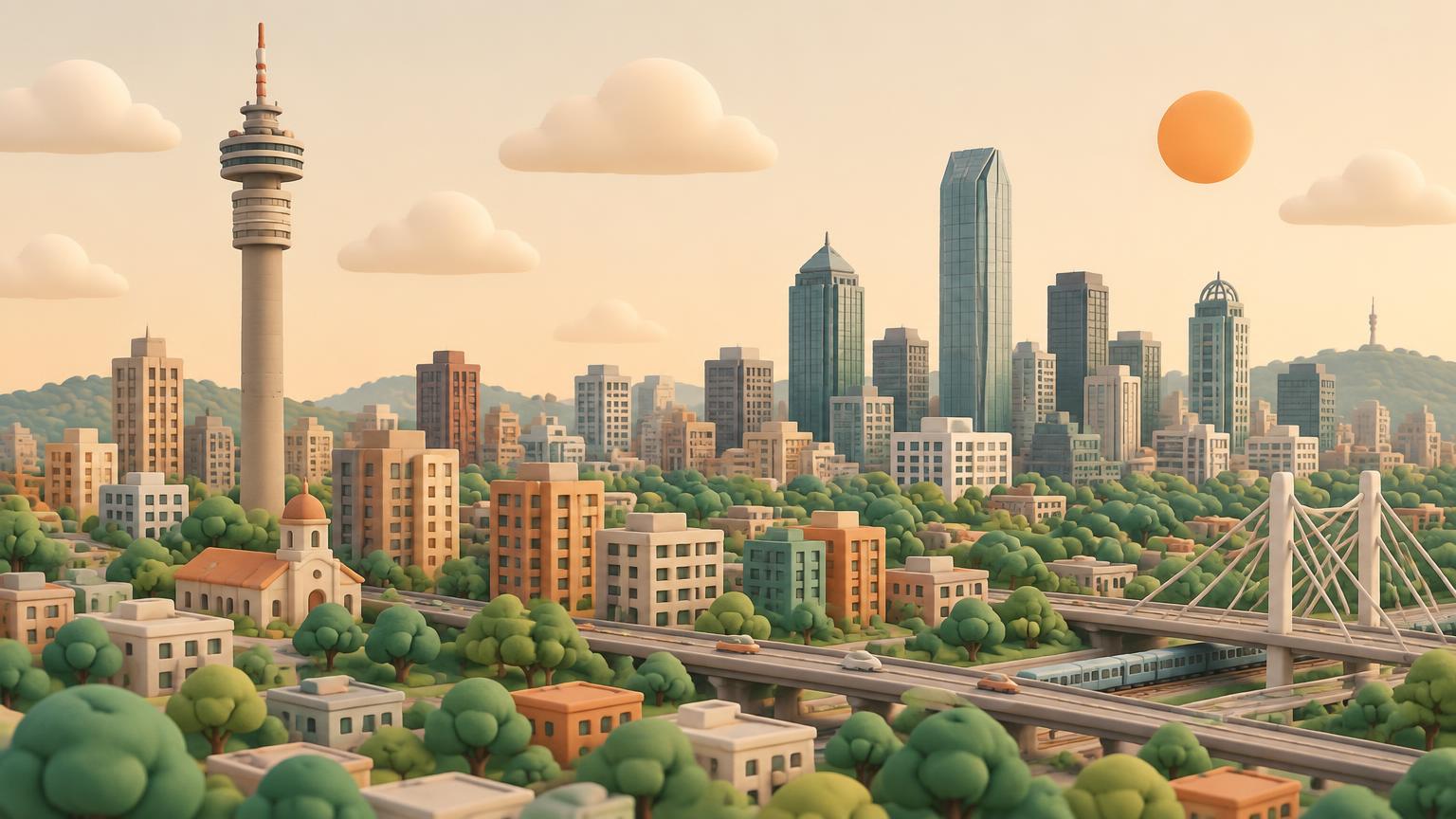 Clay illustration of South African metropolitan skylines and infrastructure
