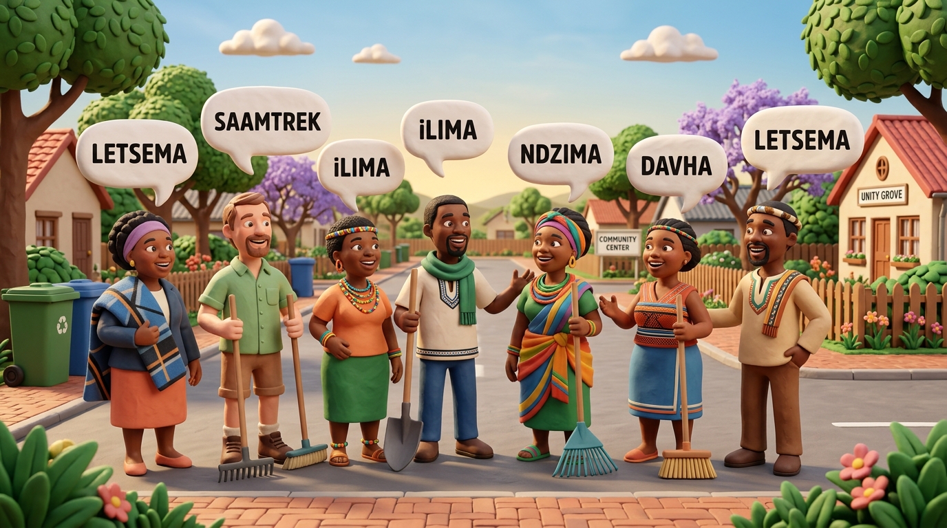 3D claymation illustration of diverse South Africans in traditional attire uniting with speech blurbs: Letsema, iLima, Ndzima, Davha, Saamtrek