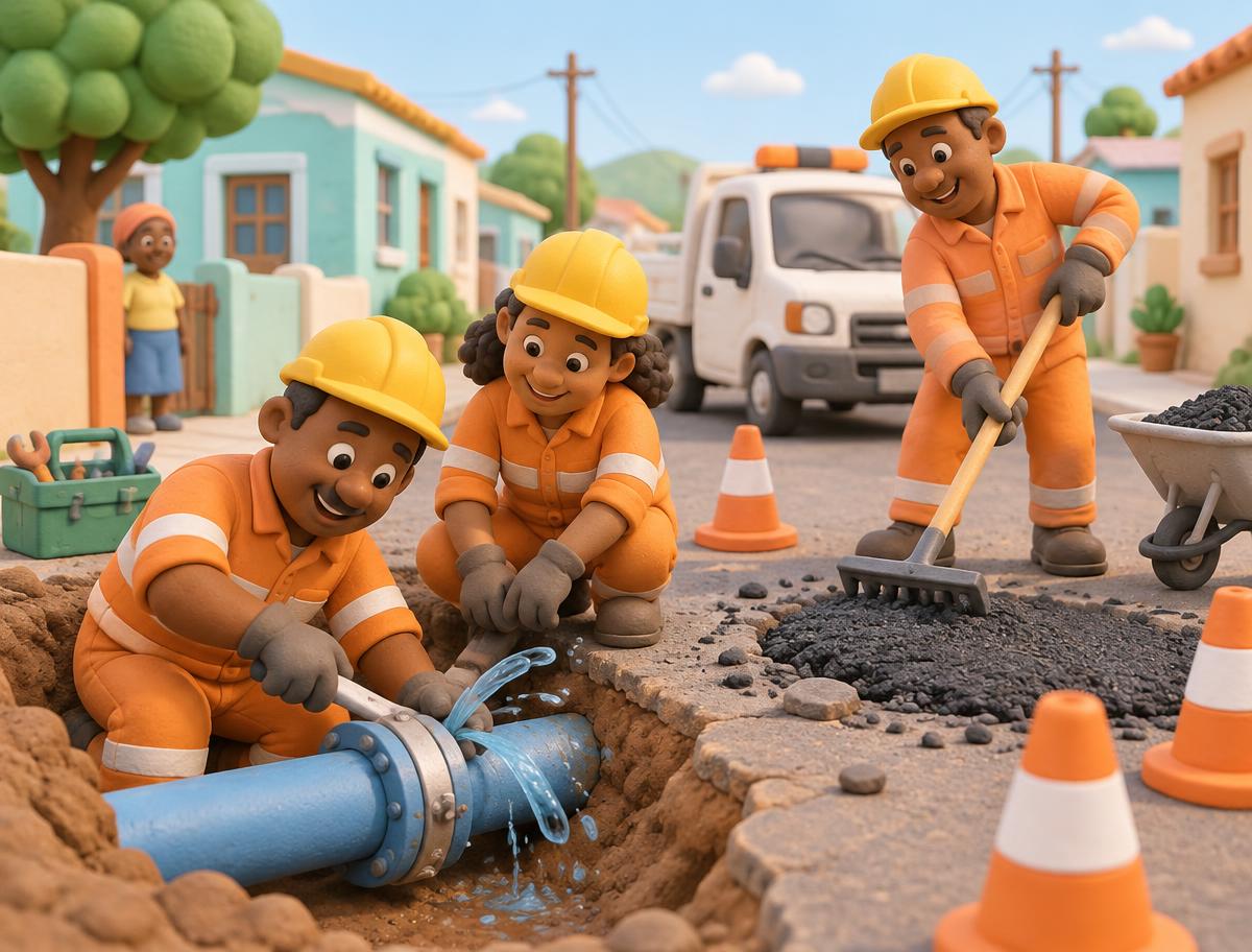 Clay illustration of a municipal repair crew fixing infrastructure across a South African municipality